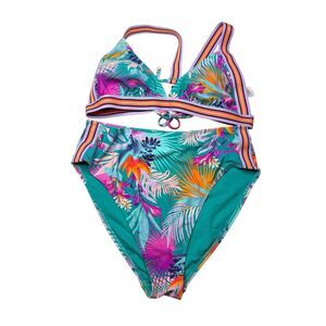 Xhilaration Juniors' Triangle Floral Print Tuxedo Stripe Accent Bikini L & XL